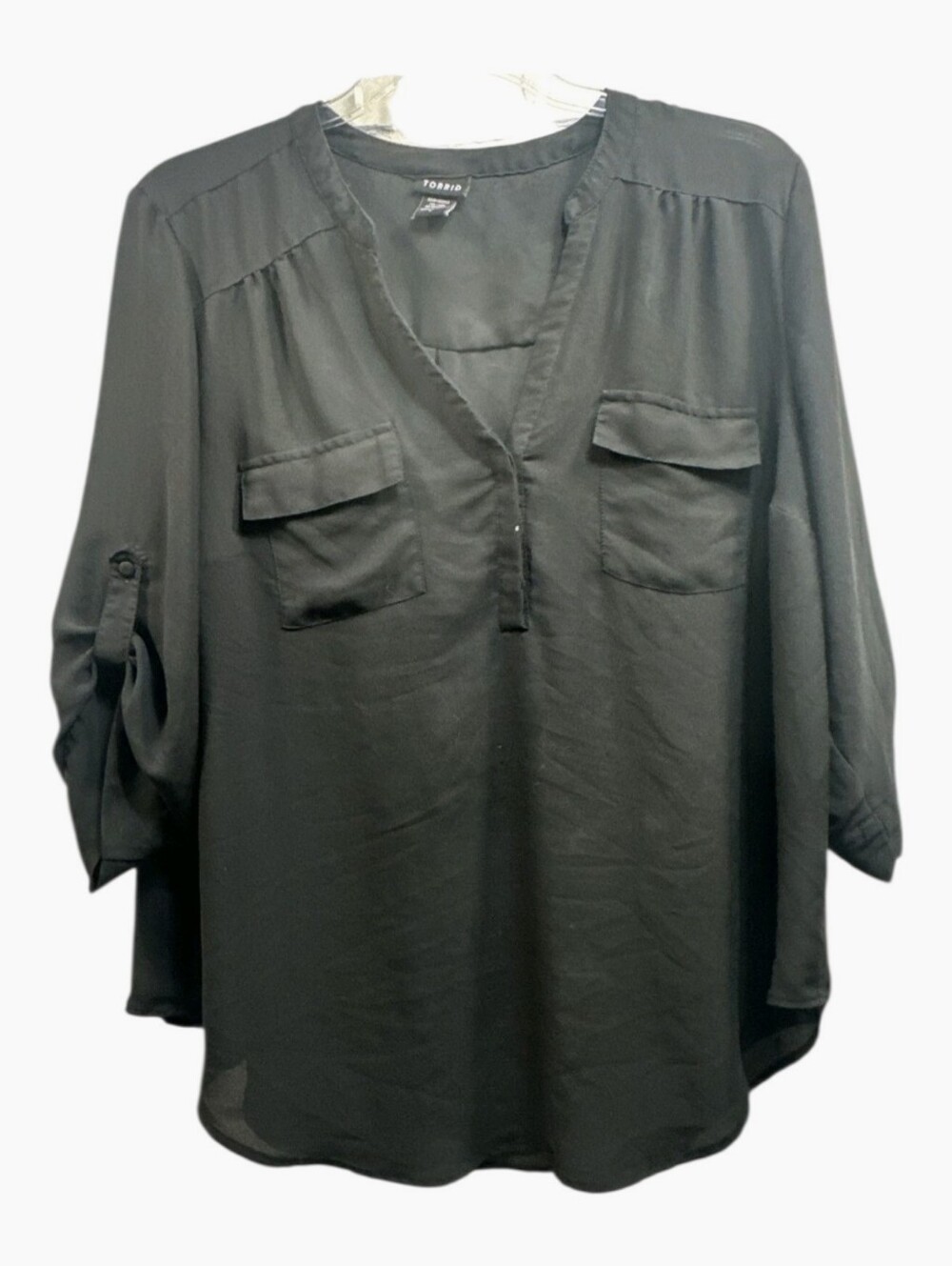 Torrid Blouse Womens 2XL Black Harper Georgette 3/4 Roll Tab Sleeve Blouse Plus